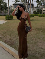 Dark Brown Starfish Sequin Halter Cut-Out Waist Bodycon Maxi Dress