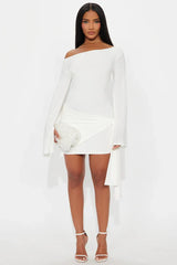 White Asymmetric Off-Shoulder Flare Sleeve Bodycon Mini Dress