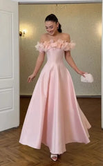 3D Floral Off-Shoulder Satin A-Line Gown
