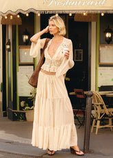 Lace Patchwork Flare Sleeve Waist Top + Tiered Ruffle Maxi Skirt Set