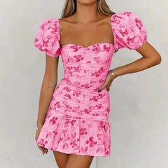 New Bell Sleeve Sexy Digital Printed Puff Sleeve Mid-Rise Short Dress