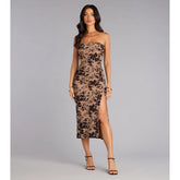 Khaki/Black Strapless Flocked Floral Slit Midi Dress