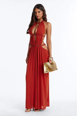 Red Beaded Halter Cutout Backless Draped Maxi Dress