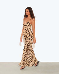 Beige Leopard Print Spaghetti Strap Waist Tie Bodycon Mermaid Maxi Dress