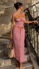 Red Gingham Smocked Bodice Tie-Front Two-Piece Set