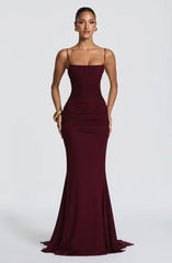 Spaghetti Strap Ruched Lace-Up Back Mermaid Gown