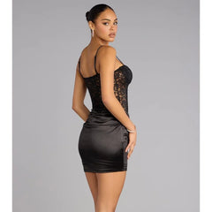 Black Lace Rhinestone Corset Satin Mini Dress | Sexy Club Bodycon Dress