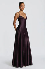 Cream Yellow Satin Spaghetti Strap Bustier Lace-Up Backless A-Line Evening Maxi Dress