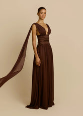Deep V Open Back Sash Waist Chiffon Maxi Evening Dress