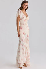 Cream Rose Print V-Neck Tie Front Lace Trim Mermaid Maxi Dress