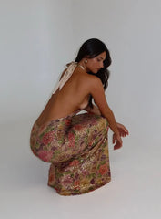 Floral Sequin Halter Gown - Backless Slim-Fit Lady-like Maxi Dress