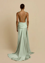 Deep V Open-Back Satin Draped Train Gown