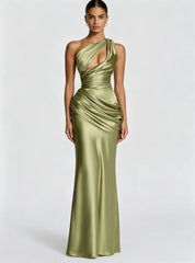 Emina One-Shoulder Satin Maxi Dress in Light Olive