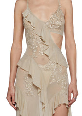 Nude Embroidered Lace Ruffle Sheer Slip Maxi Dress