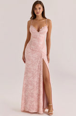 Light Pink Floral Flocked Mesh Spaghetti Strap High Slit Mermaid Maxi Evening Dress