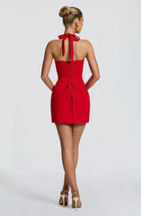 Red Halter Lace Bustier Lace-Up Backless Bodycon Mini Dress