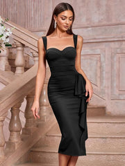 Multi-Color Wide Strap Sweetheart Ruffle Slit Midi Dress | Sexy Bodycon Evening Gown
