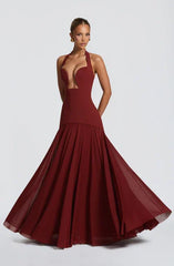 Halter Cutout Lace-Up Waist Chiffon Panel Maxi Gown