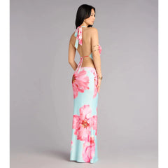 Light Blue Halter Floral Cutout Backless Mermaid Maxi Dress