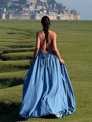 Denim Blue Halter Open-Back Flowy Floor-Length Maxi Dress