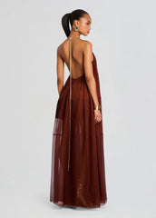 Burgundy Halter Deep V Backless Chiffon Maxi Dress