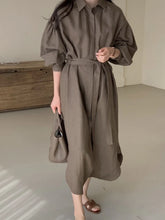 Lantern Long Sleeved Solid Color Waist Shirt Maxi Dress