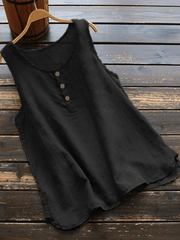Women's Solid Cotton Linen Round Neck Split T-shirt