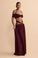 Y2K Halter Off-Shoulder Mesh Cut-Out Waist-Cinching Maxi Two-Piece Set | Sexy Backless Vacation Outfit