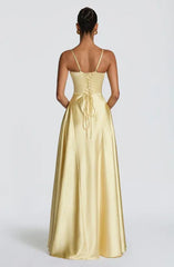 Yellow Satin V-Neck Spaghetti Strap Lace-Up Back A-Line Evening Gown