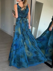 Blue Green Ombre Cowl Neck Halter Waist-Tied Maxi Dress