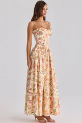 Cream Rose Print Corset Bustier Tiered Spaghetti Strap Maxi Dress