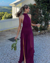 Halter Neck Open Back Draped Slit Maxi Gown