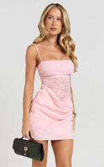Rania Mini Dress Square Neck Cowl Waist Lace Dress in Pink