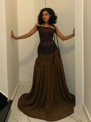 Ethnic Dot Strapless Fitted Waist Chocolate Flowy Train Maxi Dress
