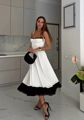 Black and White Color Block Lace Trim Cami Flared Midi Dress