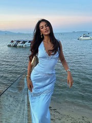 Satin Lace Trim V-Neck Cami Top & Maxi Skirt Two-Piece Set