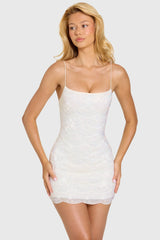 Embellished Square-Neck Mini Dress in Ivory