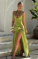 Sexy Halter Metallic Floral Accent High-Slit Floor-Length Maxi Dress