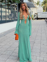 Crochet Knit Plunge Ring Detail Maxi Dress