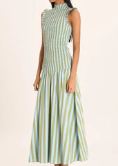 Sleeveless Ruffle High Neck Smocked Vertical Stripe Midi Dress