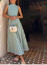 Sleeveless Ruffle High Neck Smocked Vertical Stripe Midi Dress
