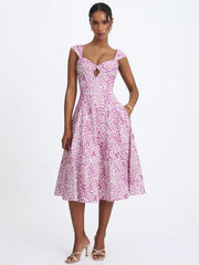 Pink Leopard Print Twist-Front Sweetheart Neck Midi Dress