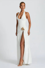 Sexy Halter Metallic Floral Accent High-Slit Floor-Length Maxi Dress