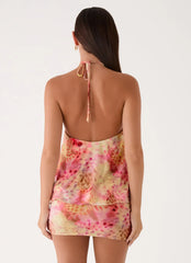 Halter Open Back Tie Dye Print Double Layer Mini Dress