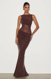Dark Brown Sleeveless Sheer Mesh Waist Ruched Bodycon Mermaid Evening Maxi Dress