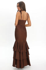 Chocolate Sweetheart Neckline Tiered Ruffle Mermaid Maxi Dress