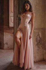 Light Pink Lace Trim Beaded Slit Cami Maxi Prom Dress