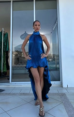 Royal Blue Metallic Pleated Halter Open-Back High-Low Dress