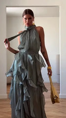 Dusty Green Halter Neck Tie Ruffle Tiered Maxi Dress | Luxury Elegant Drape Evening Gown