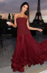 Burgundy Strapless Lace-Up Pleated 3D Floral Hem Evening Gown